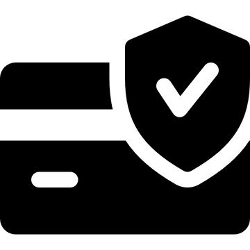 Black credit card with a white shield and check mark on a white background