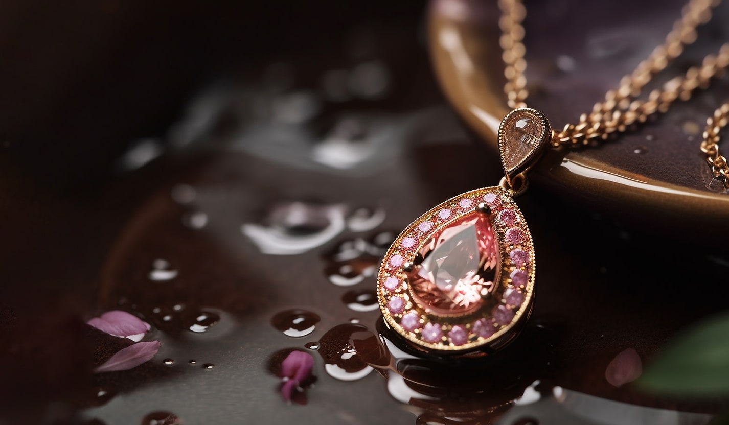 Rose gold teardrop pendant with pink gemstones on a reflective surface