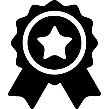 Black and white icon of a star within a circular badge on a white background