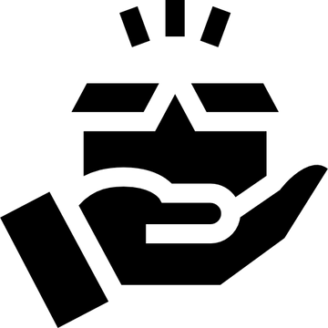 Black and white icon of a hand holding a chain with a box above it on a white background