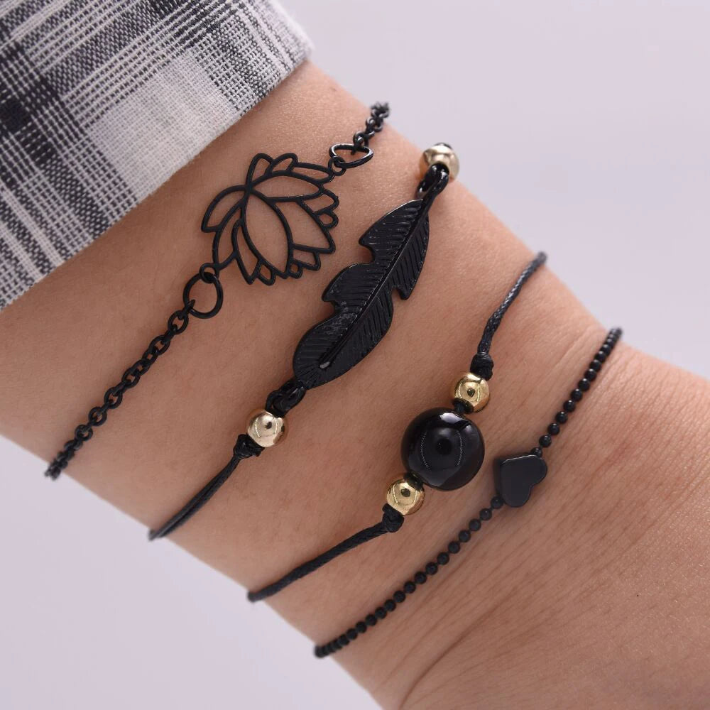 Feather & Lotus Charm Bracelet Set