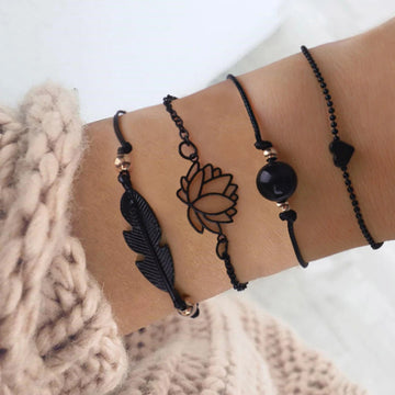 Feather & Lotus Charm Bracelet Set