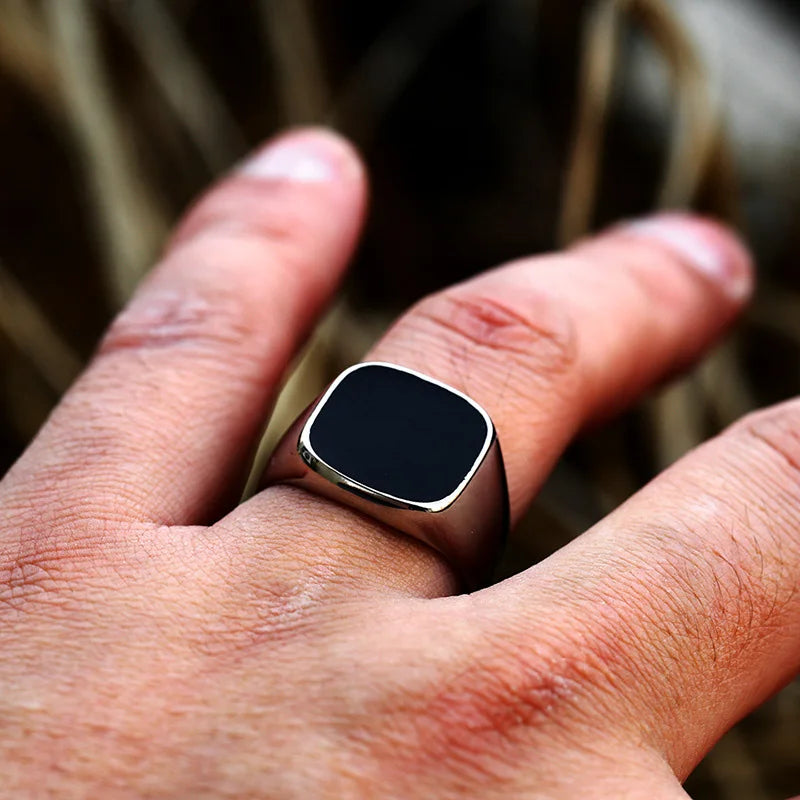 Retro Flat Square Black Glass Onyx Ring