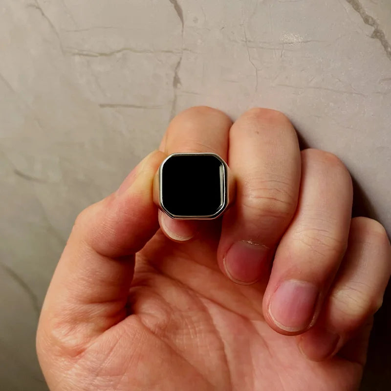 Retro Flat Square Black Glass Onyx Ring