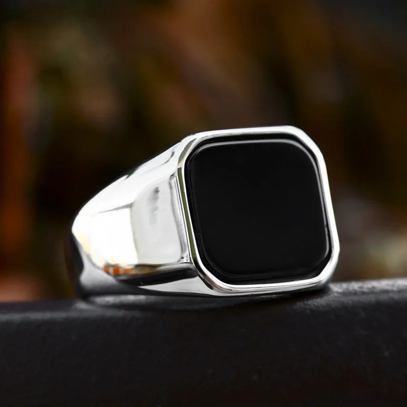Retro Flat Square Black Glass Onyx Ring