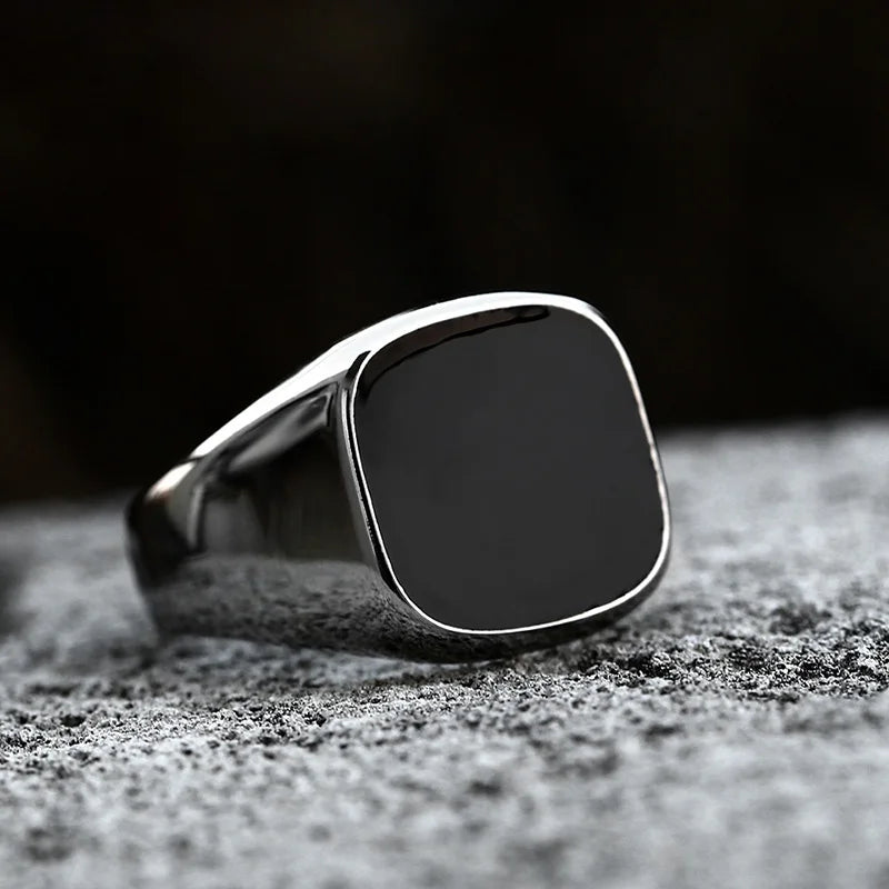Retro Flat Square Black Glass Onyx Ring