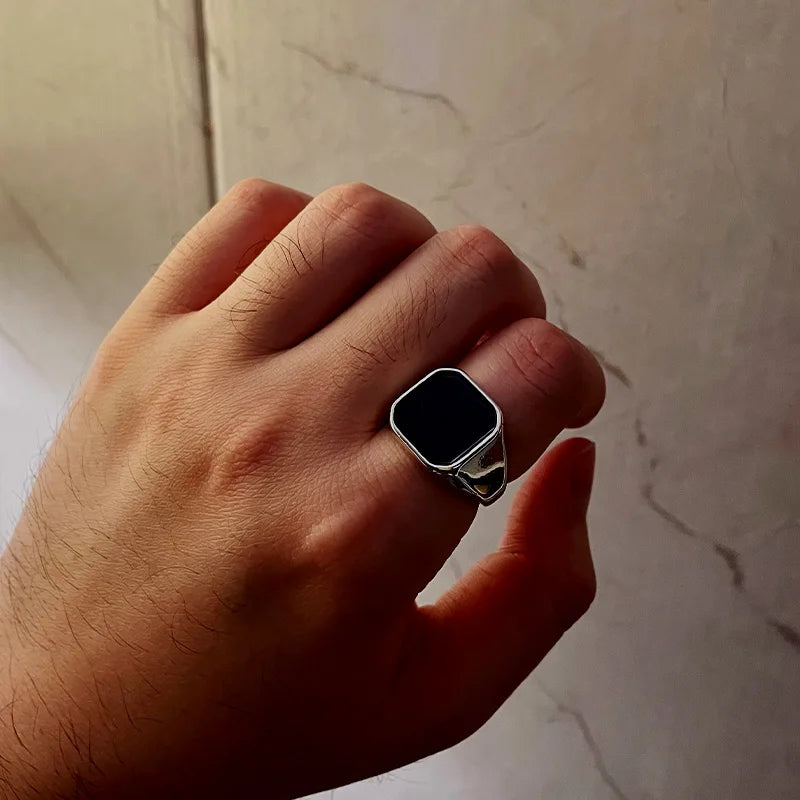 Retro Flat Square Black Glass Onyx Ring