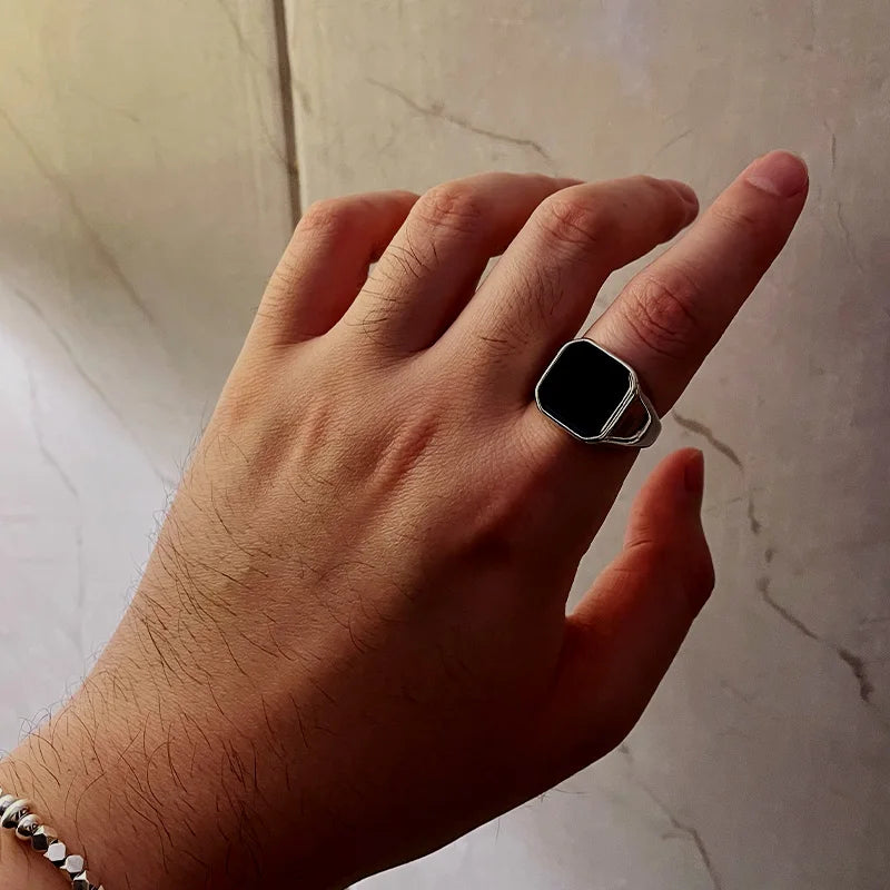 Retro Flat Square Black Glass Onyx Ring