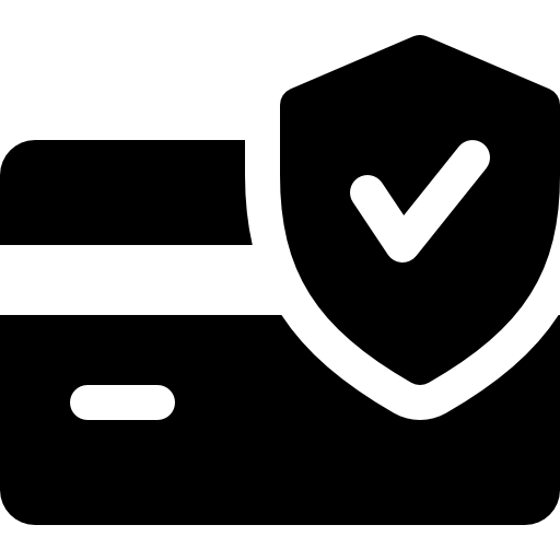 Black credit card with a white shield and check mark on a white background