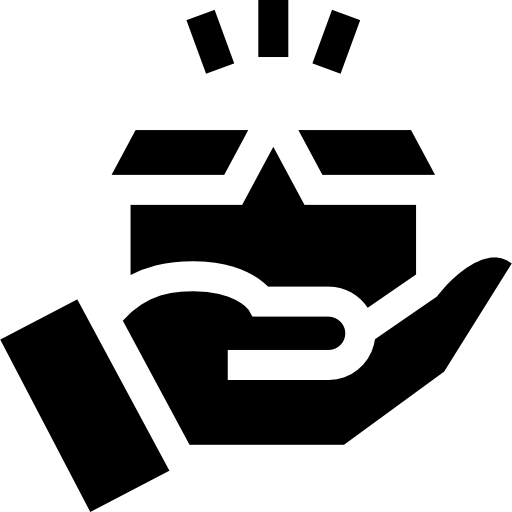 Black and white icon of a hand holding a chain with a box above it on a white background